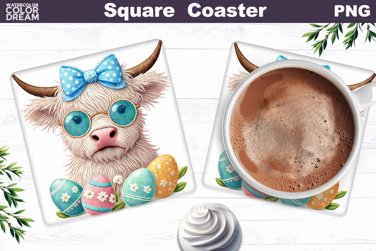 Highland Cow Square Coaster | Easter Sublimation