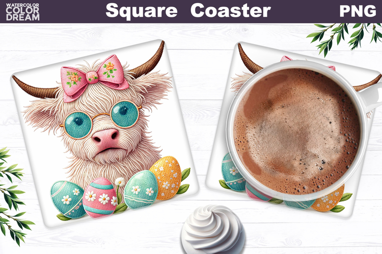 Highland Cow Square Coaster | Easter Sublimation