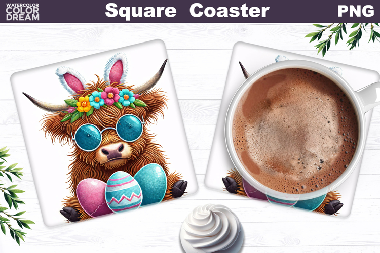 Highland Cow Square Coaster | Easter Sublimation