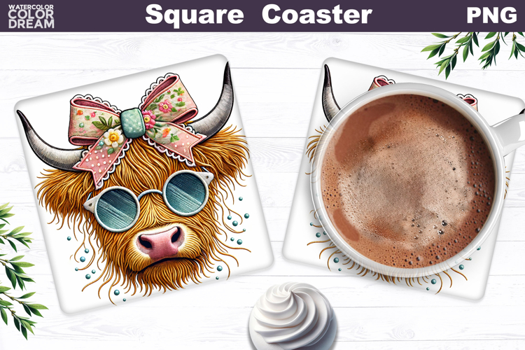 Highland Cow Square Coaster | Easter Sublimation