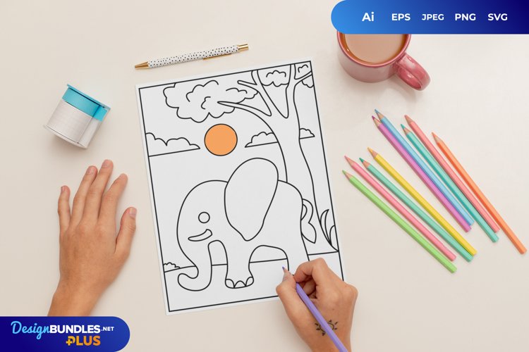 Cute Elephant Under The Tree Coloring Page example image 1