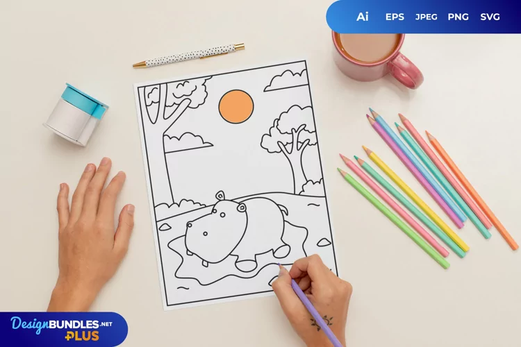 Cute Hippopotamus Playing Water Coloring Page