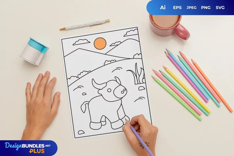 Cute Buffalo in The Field Coloring Page