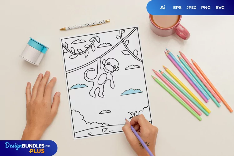Cute Monkey Hanging on Tree Coloring Page