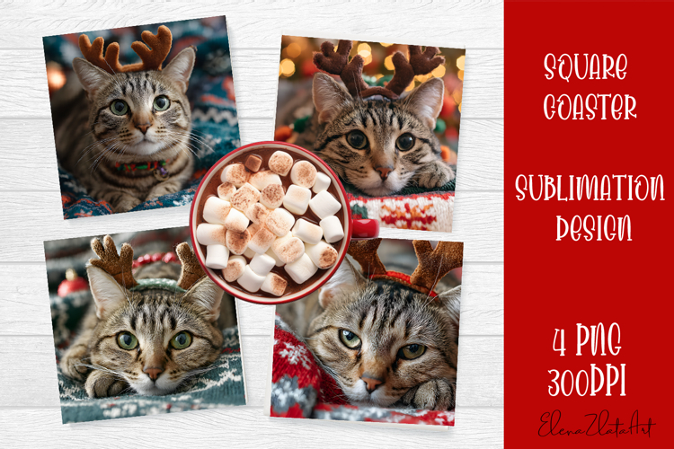 Cute animal santa Christmas Square Coaster Sublimation Desig
