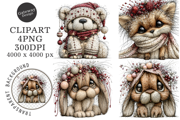Cute Animals Christmas Clipart