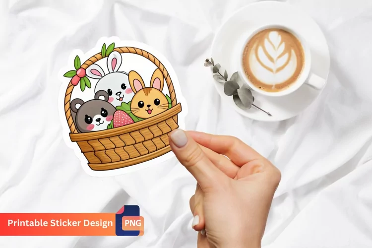 Cute Animals in Basket Sticker, Kawaii Animal Sticker