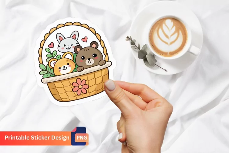Cute Animals in Basket Sticker, Kawaii Animal Sticker