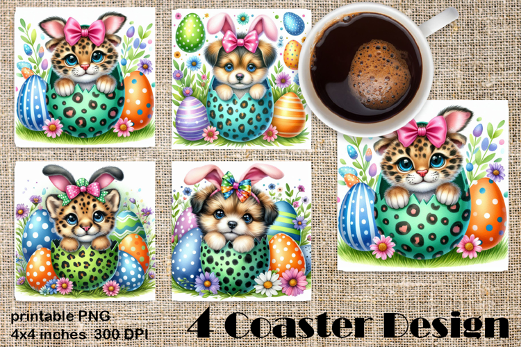 Easter square Coaster | Cute Animals in Leopard Egg Shells