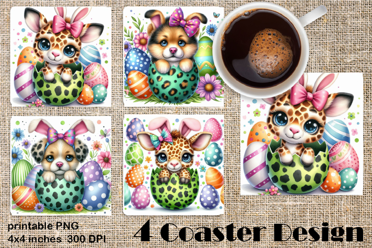 Easter square Coaster | Cute Animals in Leopard Egg Shells