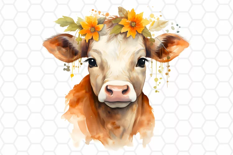 Cute Autumn Cow Watercolor Clipart, Sublimation PNG
