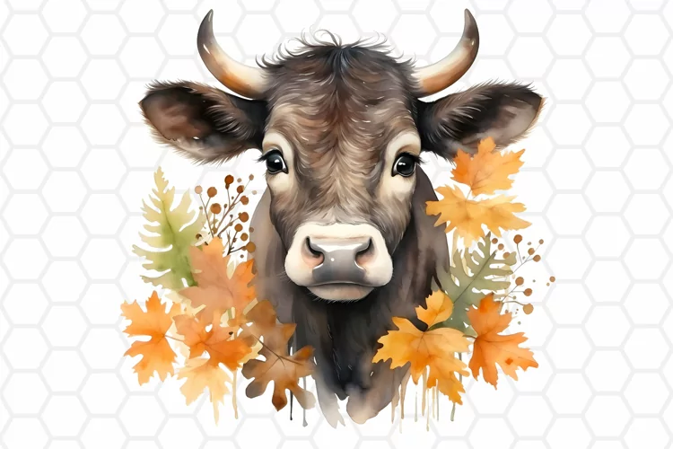 Cute Autumn Cow Watercolor Clipart, Sublimation PNG