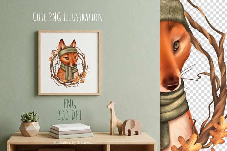 Cute Autumn Fox in Branch Wreath PNG example image 1