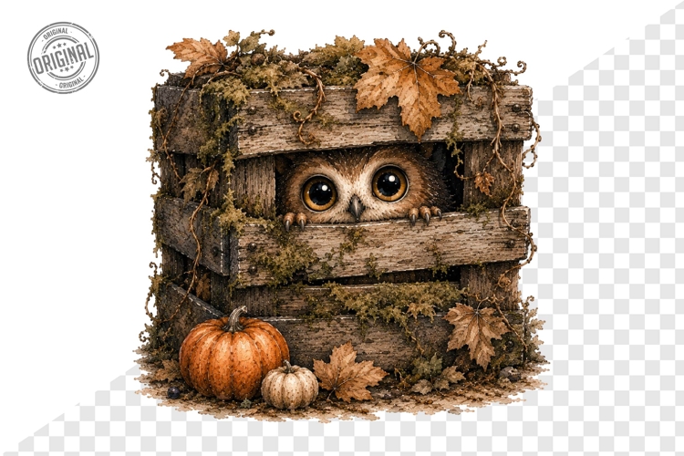 Cute Autumn Owl in Rustic Crate Watercolor Clipart PNG