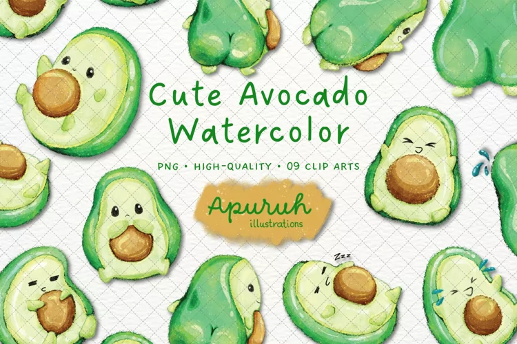 Cute Avocado Watercolor Clipart