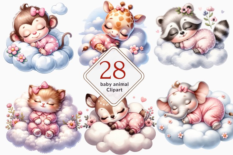 Sleeping Baby Animals Clipart, cute baby animals bundle example image 1