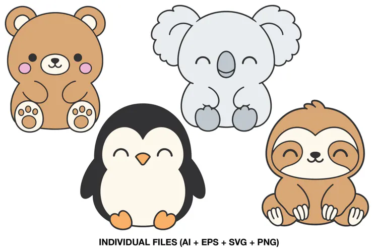Bear Koala Penguin Sloth Illustrations for Kids Card Making