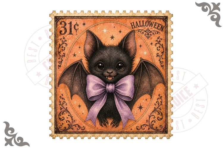 Cute Baby Bat With Bow Halloween Stamp Clipart PNG