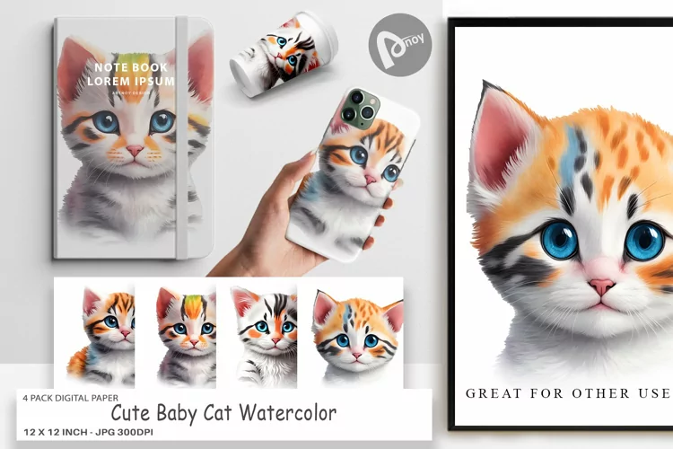 Digital Paper Cute Cat Watercolor