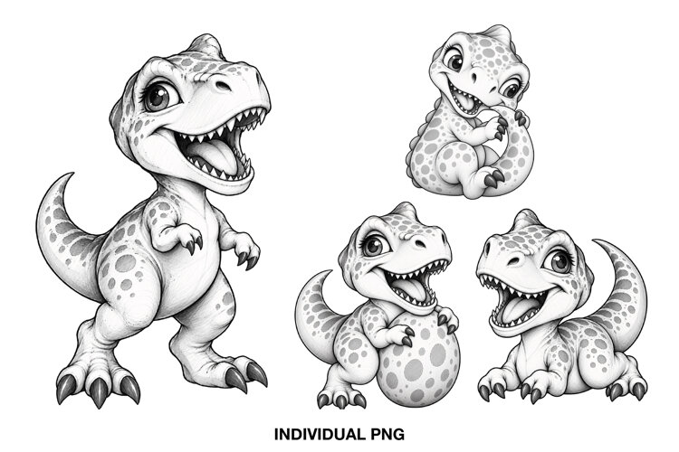 Four adorable black and white baby dinosaur PNG illustrations featuring playful T-Rex characters in different poses.