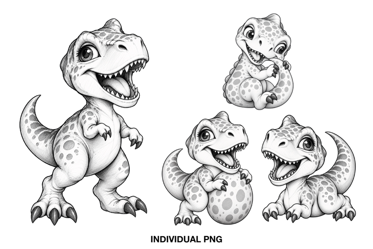 Cute Dinosaur PNG Clipart, Black and White Baby T-Rex