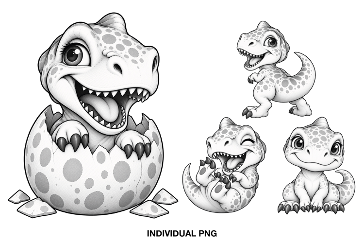 Cute Baby Dinosaur Clipart PNG, Black and White Dino Graphic