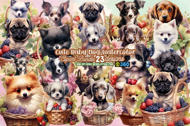 Cute Baby Dog Watercolor Clipart Bundle