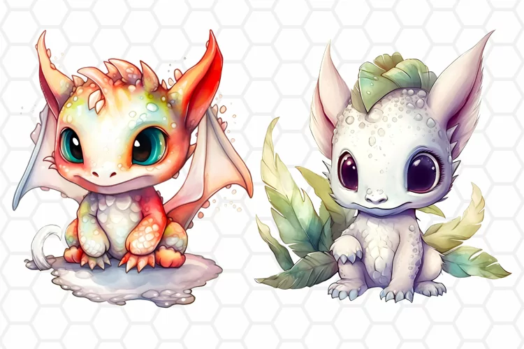Cute Baby Dragon Watercolor Cliparts, Sublimation PNG