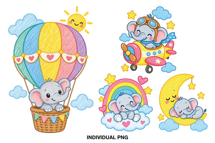 Cute Baby Elephant Clipart PNG, Crayon Style Rainbow