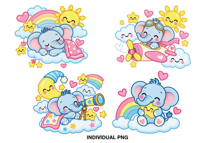 Cute Baby Elephant Clipart PNG, Rainbow Nursery Graphics