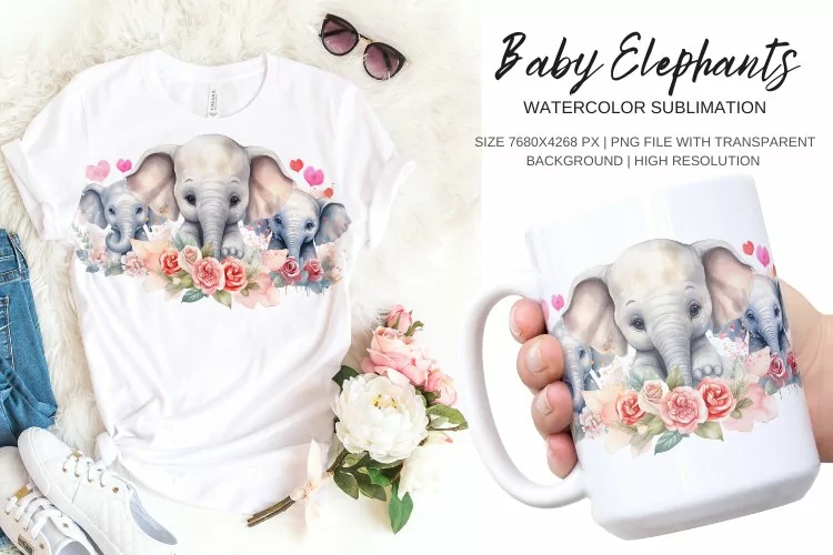 Cute Baby Elephant Watercolor Sublimation Design
