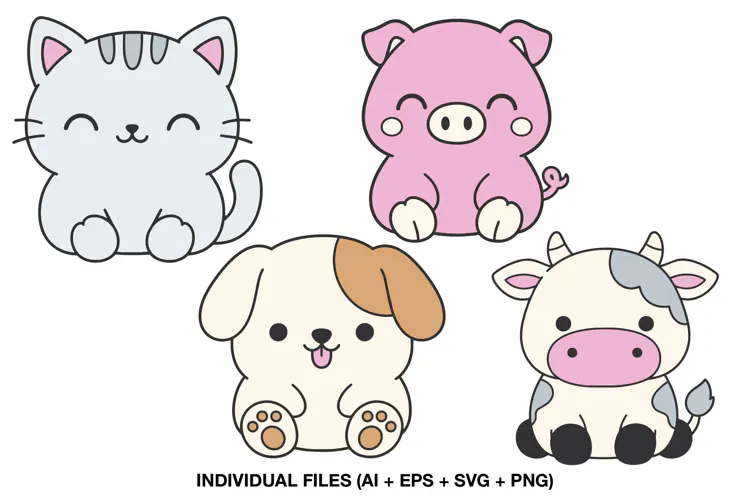 Cat Pig Puppy Cow Illustrations for Kids Birthday Invitation