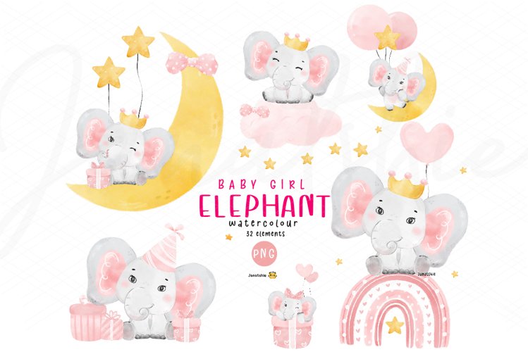 watercolour baby elephant girl cartoon animal clipart set example image 1