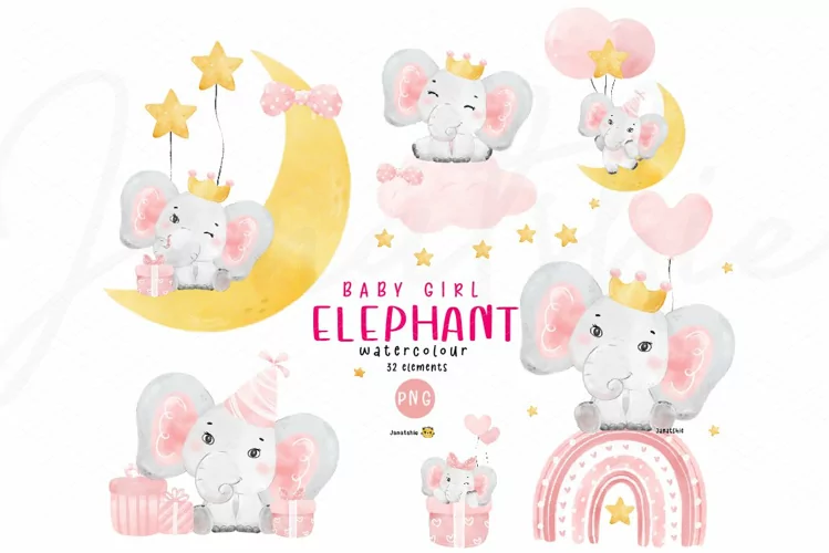 watercolour baby elephant girl cartoon animal clipart set