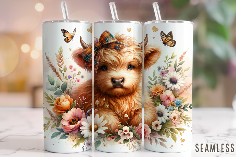 Floral Highland Cow Tumbler Wrap, Cute Highland Cow Tumbler