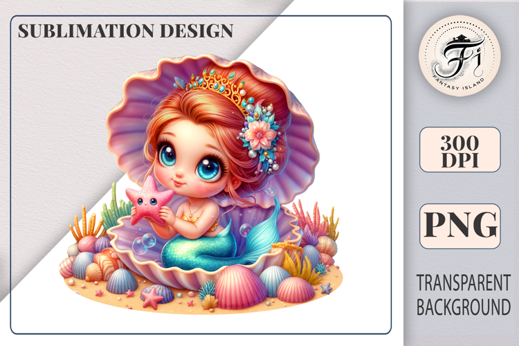 Cute Baby Mermaid in Seashell | Sublimation Ocean Clipart