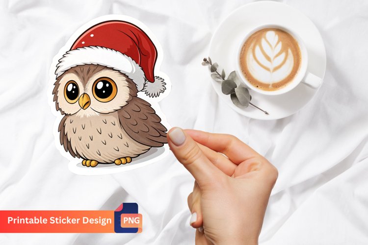 Cute Baby Owl With Santa Hat Sticker, Christmas Sticker