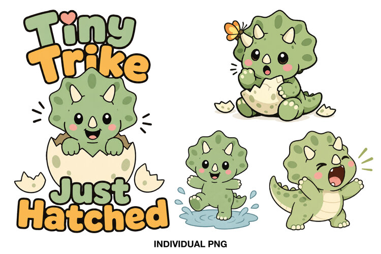 Four cute green baby triceratops designs with playful poses and soft colors