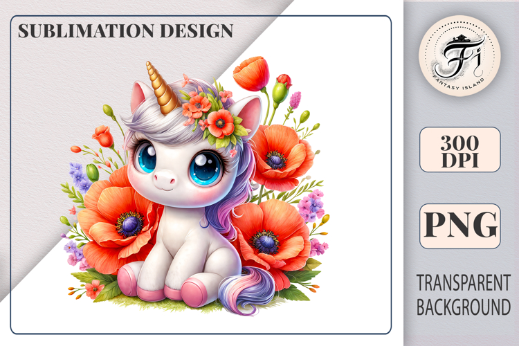 Cute Baby Unicorn with Red Poppies Sublimation Clipart PNG