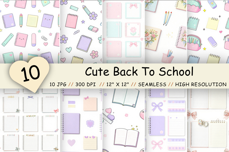 Cute Back To School Digital Paper Pack, Kawaii School