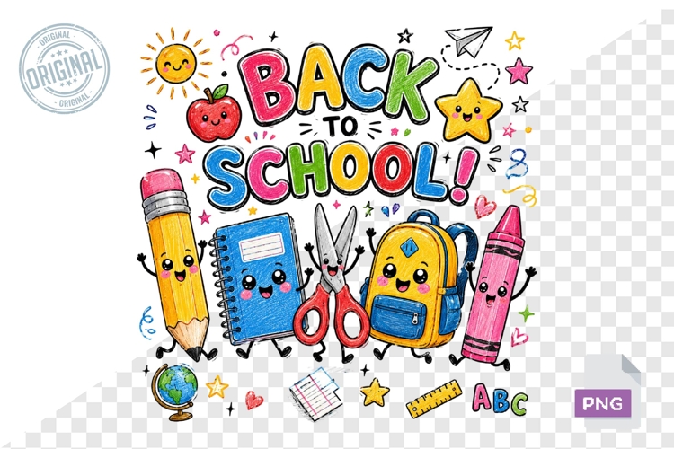 Cute Back To School Supplies Cartoon Sublimation PNG Design