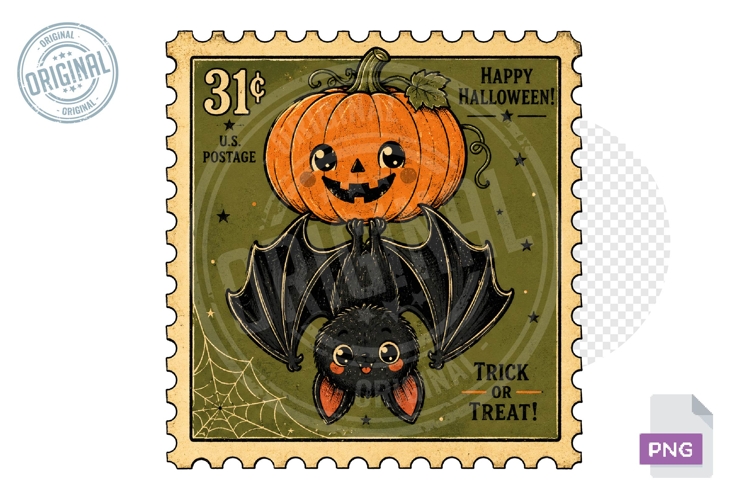 Cute Bat Pumpkin Halloween Stamp PNG Sublimation Design