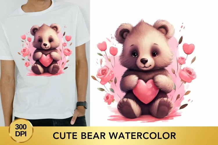 Cute Bear Watercolor Clipart , Sublimation PNG
