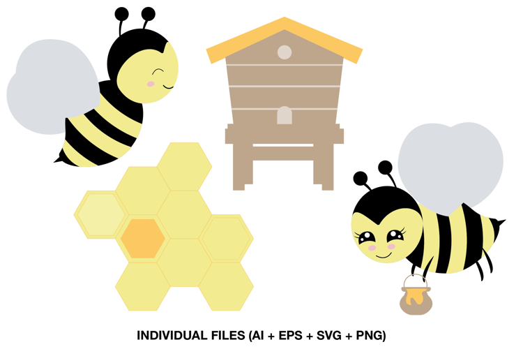 Cute bee clipart with two friendly bumble bees, a beehive and honeycomb illustration