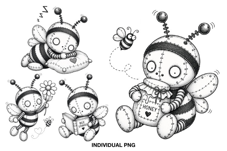 Cute bee digital stamp collection with 12 black and white stitched bumble bee designs for handmade cards and coloring.