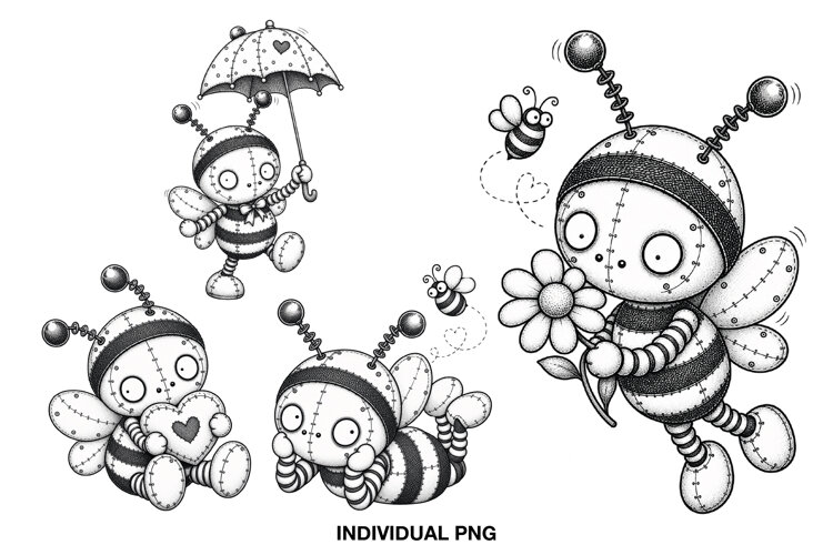 Four cute bee digital stamps in black and white with stitched doll details
