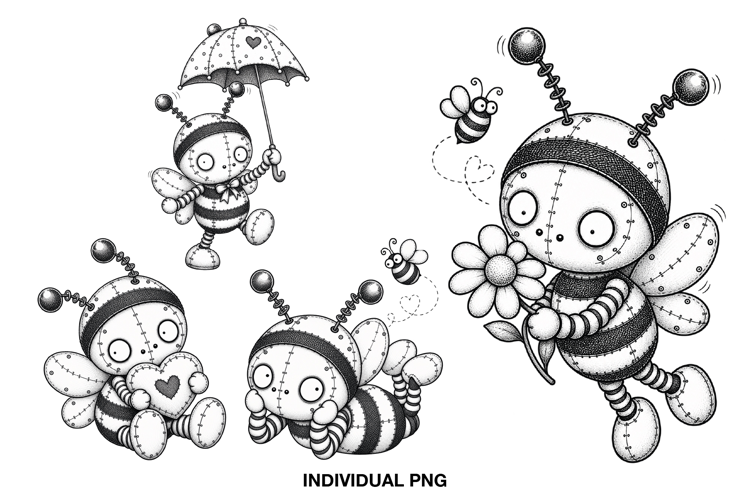 Cute Bee Digital Stamps, Black and White Bee PNG