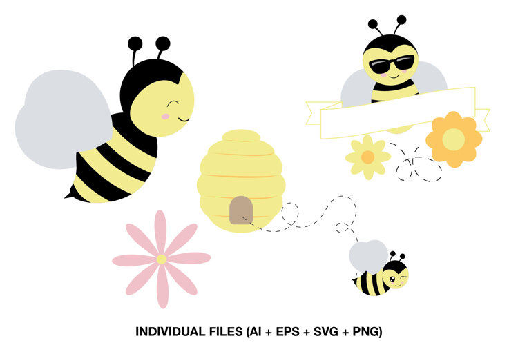 Cute bee clipart collection with beehive flower and playful honey bee characters
