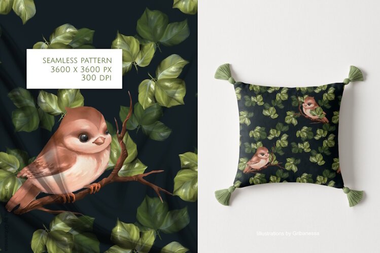 Cute Bird and Leaves Dark Seamless Pattern example image 1