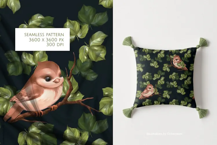 Cute Bird and Leaves Dark Seamless Pattern